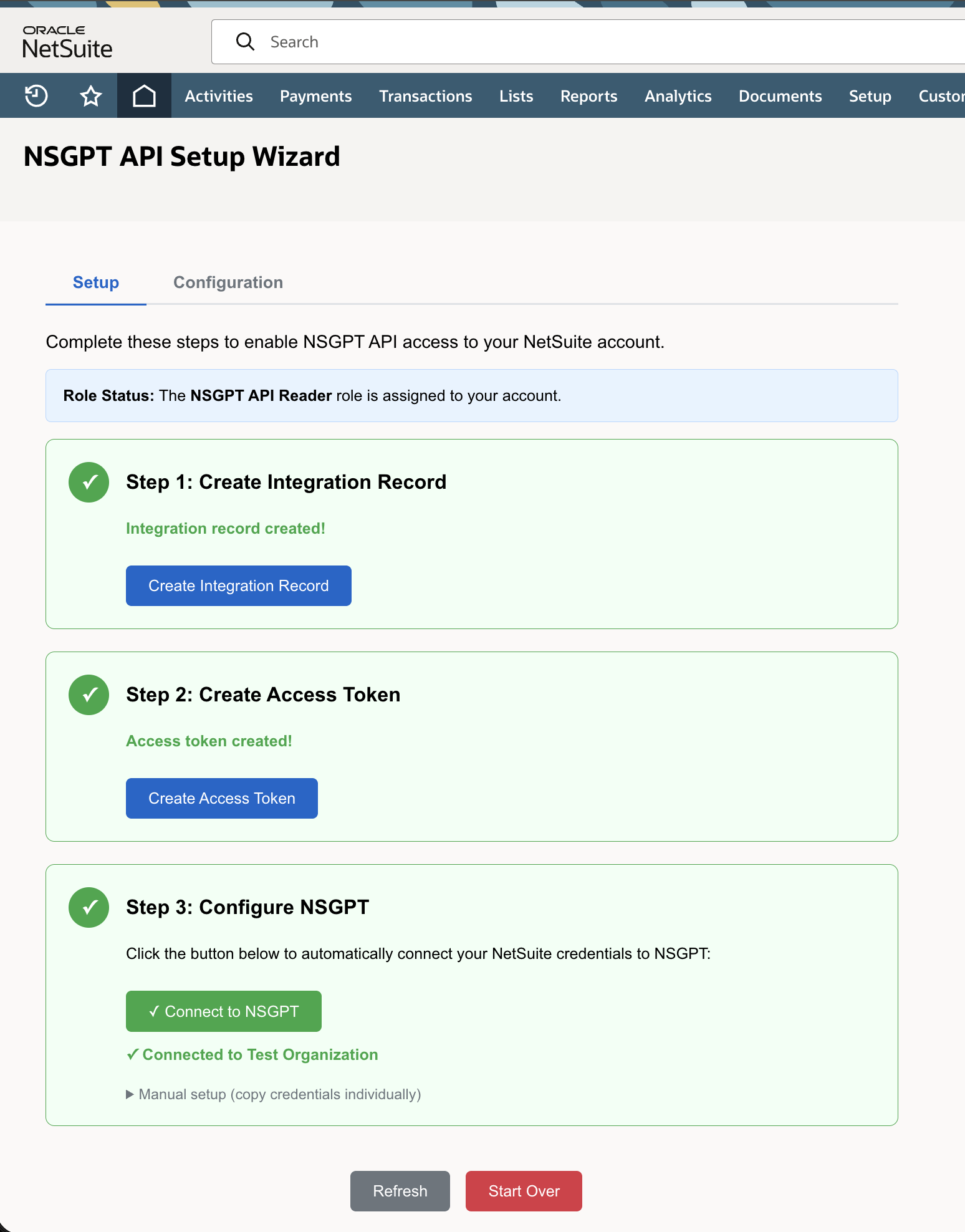 NSGPT Setup Wizard — 3-step connection: Create Integration Record, Access Token, and Connect to NSGPT
