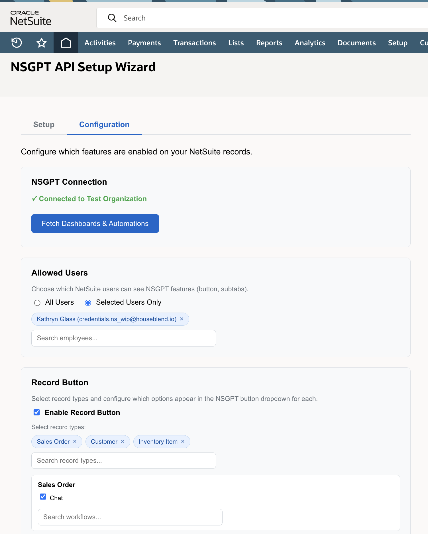 NSGPT Configuration tab — set allowed users, enable record buttons on Sales Orders, Customers, and Inventory Items
