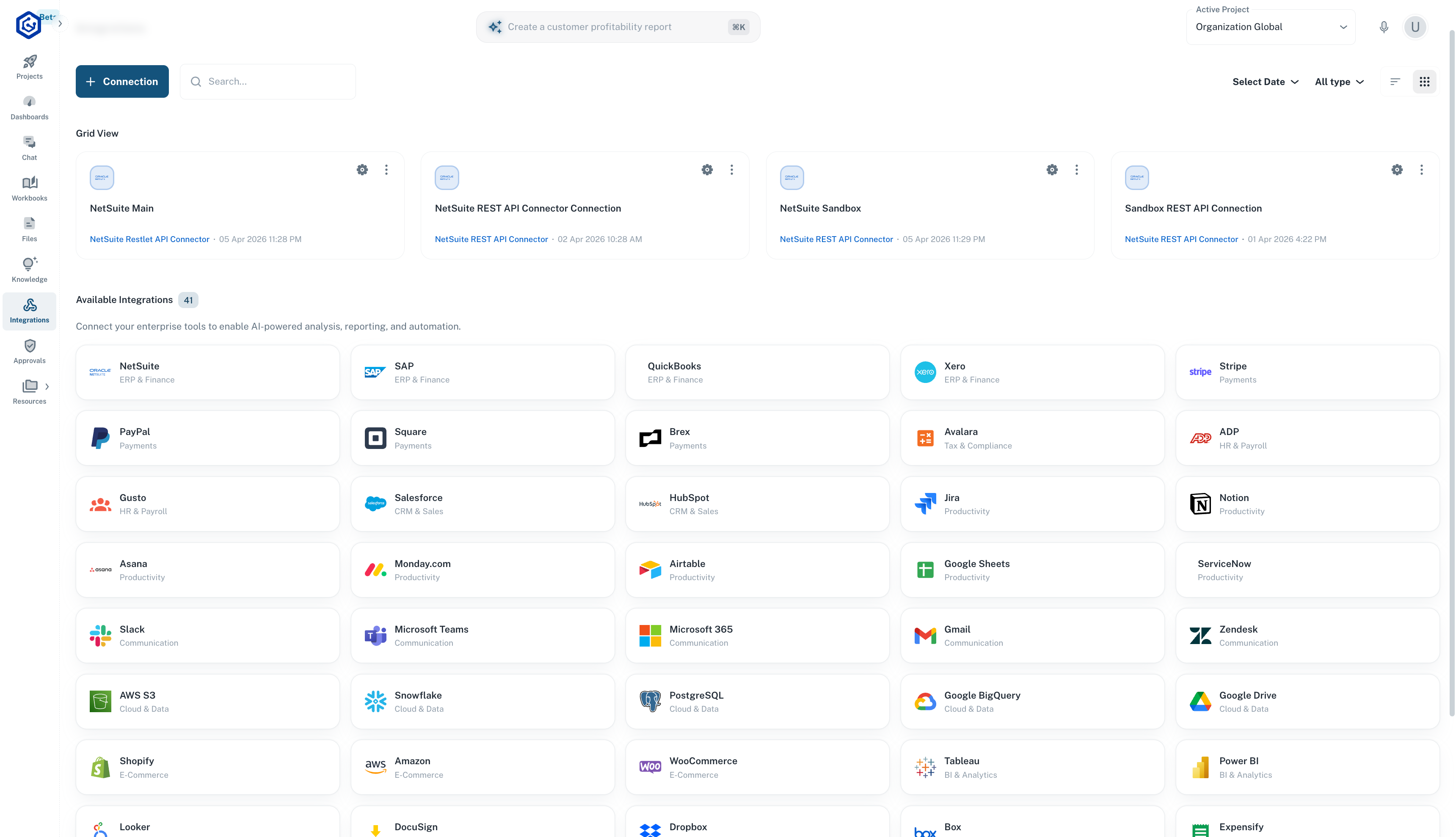 NSGPT integration hub showing 40+ connectors including NetSuite, Salesforce, Slack, Snowflake, and more