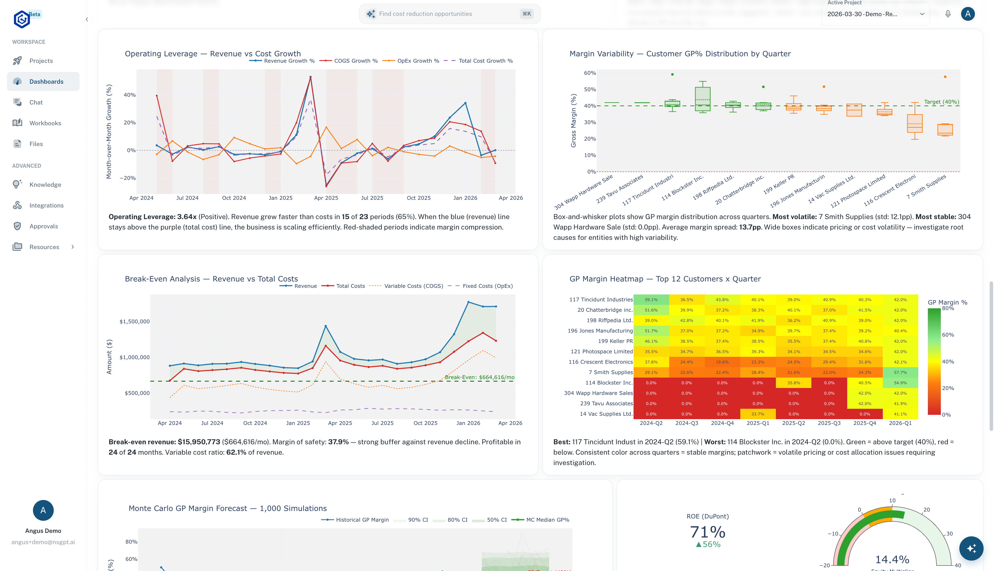 NSGPT dashboard showing operating leverage analysis, margin variability, break-even charts, and GP margin heatmap