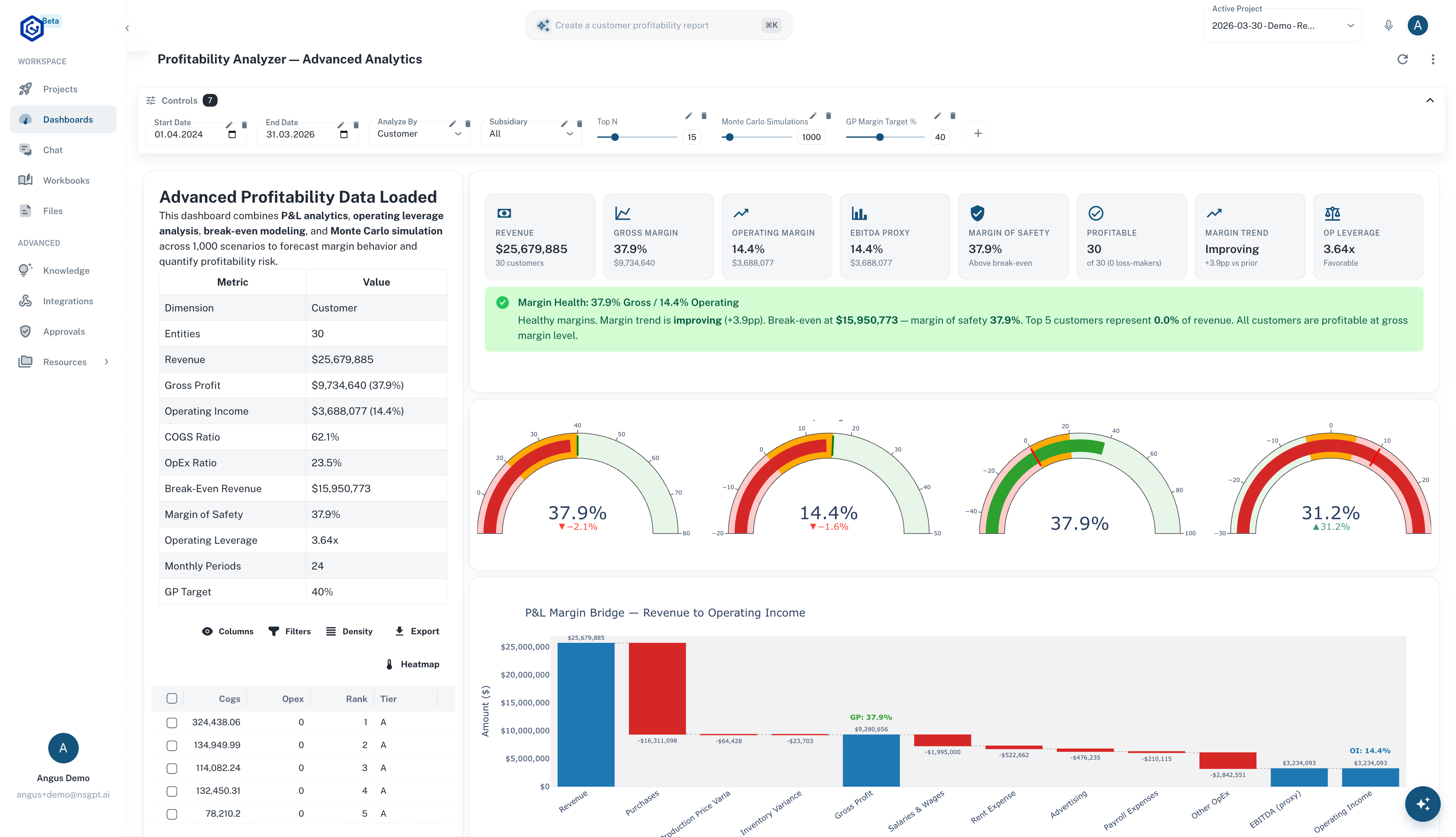 NSGPT Profitability Analyzer showing margin waterfall, Monte Carlo simulation, and operating leverage metrics